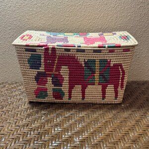 Vintage Mexico Woven Rectangular Basket With Lid Featuring Animal & Bicycle